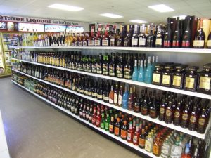 Shelf of liquor bottles